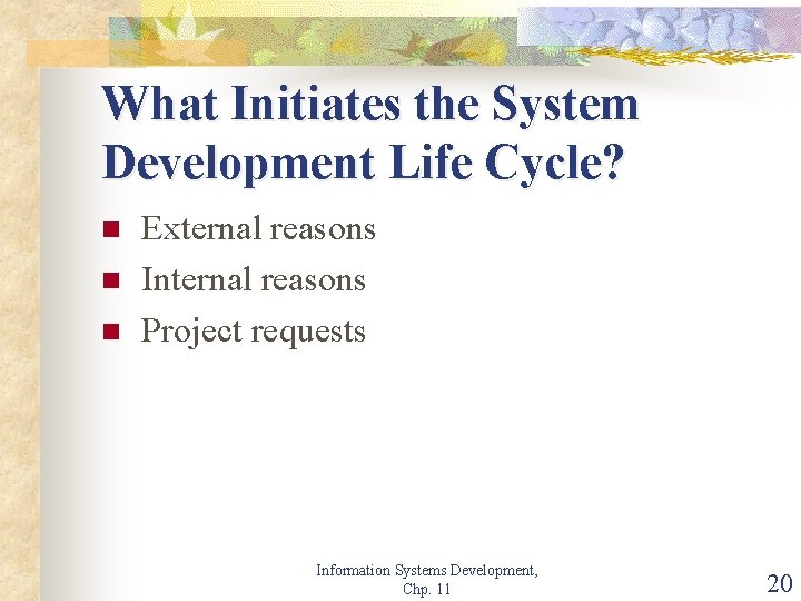 What Initiates the System Development Life Cycle? n n n External reasons Internal reasons