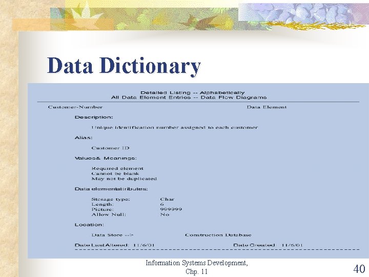 Data Dictionary Information Systems Development, Chp. 11 40 