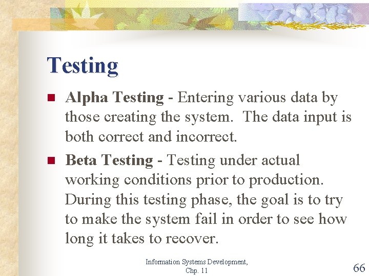 Testing n n Alpha Testing - Entering various data by those creating the system.