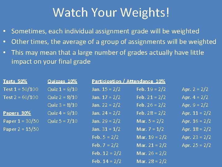 Watch Your Weights! • Sometimes, each individual assignment grade will be weighted • Other