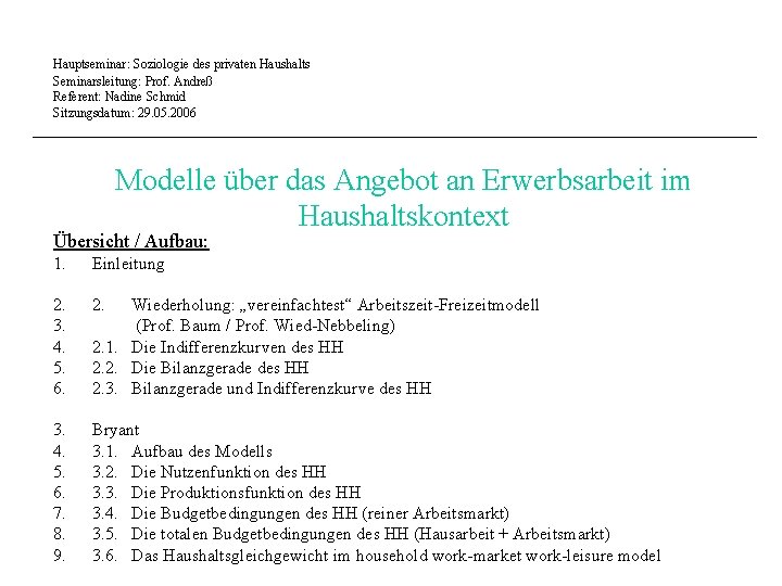 Hauptseminar: Soziologie des privaten Haushalts Seminarsleitung: Prof. Andreß Referent: Nadine Schmid Sitzungsdatum: 29. 05.