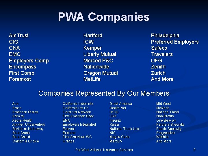 PWA Companies Am. Trust CIG CNA EMC Employers Comp Encompass First Comp Foremost Hartford