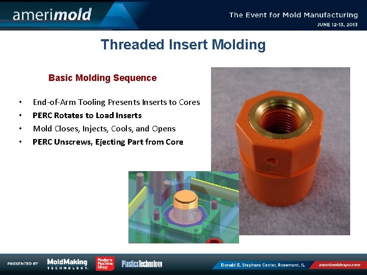 Threaded Insert Molding Basic Molding Sequence • • End-of-Arm Tooling Presents Inserts to Cores Threaded Insert Molding Basic Molding Sequence • • End-of-Arm Tooling Presents Inserts to Cores