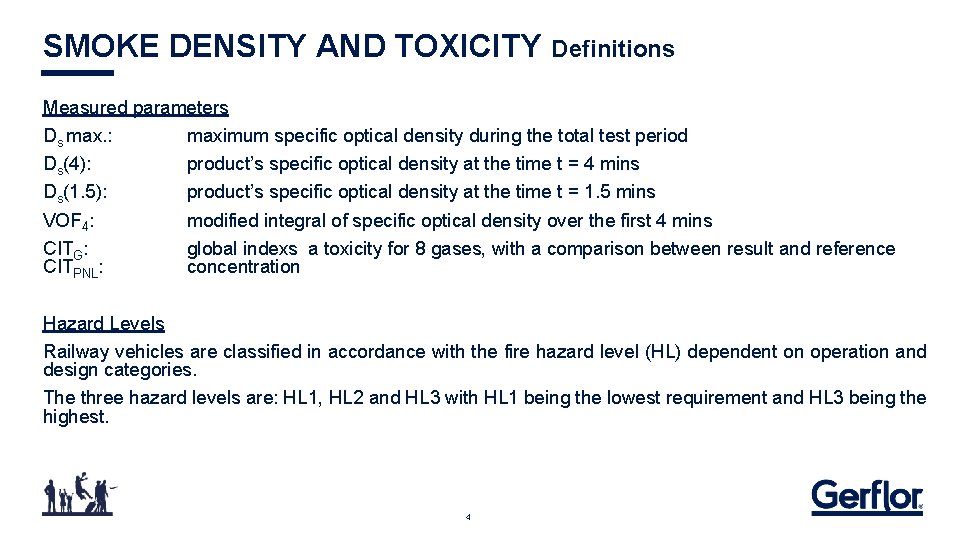 SMOKE DENSITY AND TOXICITY Definitions Measured parameters Ds max. : maximum specific optical density SMOKE DENSITY AND TOXICITY Definitions Measured parameters Ds max. : maximum specific optical density