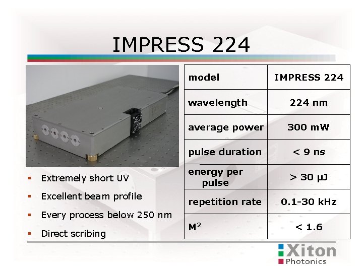 IMPRESS 224 model Extremely short UV Excellent beam profile IMPRESS 224 wavelength 224 nm