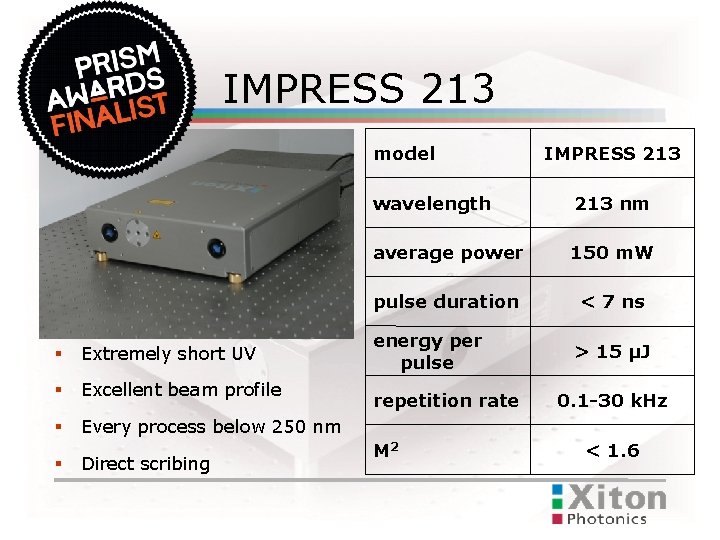 IMPRESS 213 model Extremely short UV Excellent beam profile IMPRESS 213 wavelength 213 nm