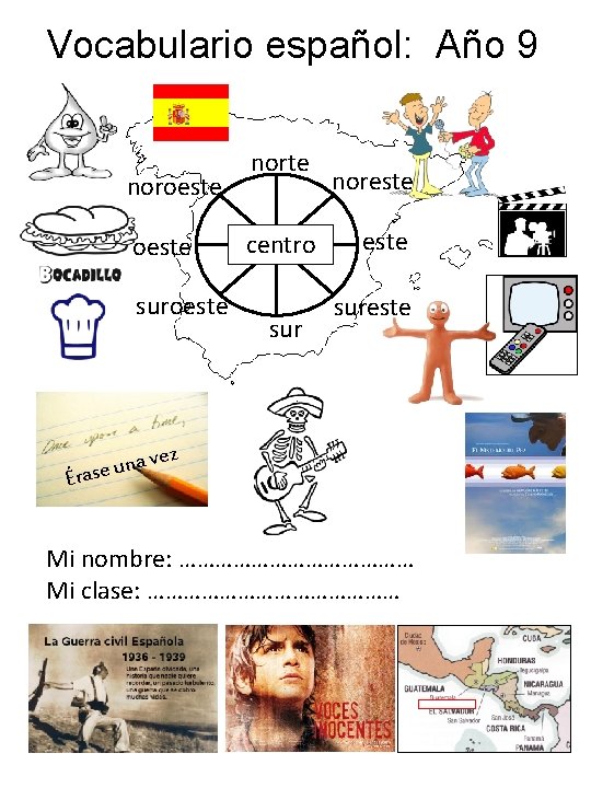 Vocabulario español: Año 9 noroeste suroeste norte centro sur noreste sureste ez av n