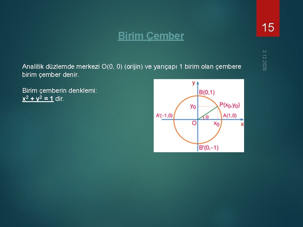 Birim Çember Birim çemberin denklemi: x 2 + y 2 = 1 dir. 2.