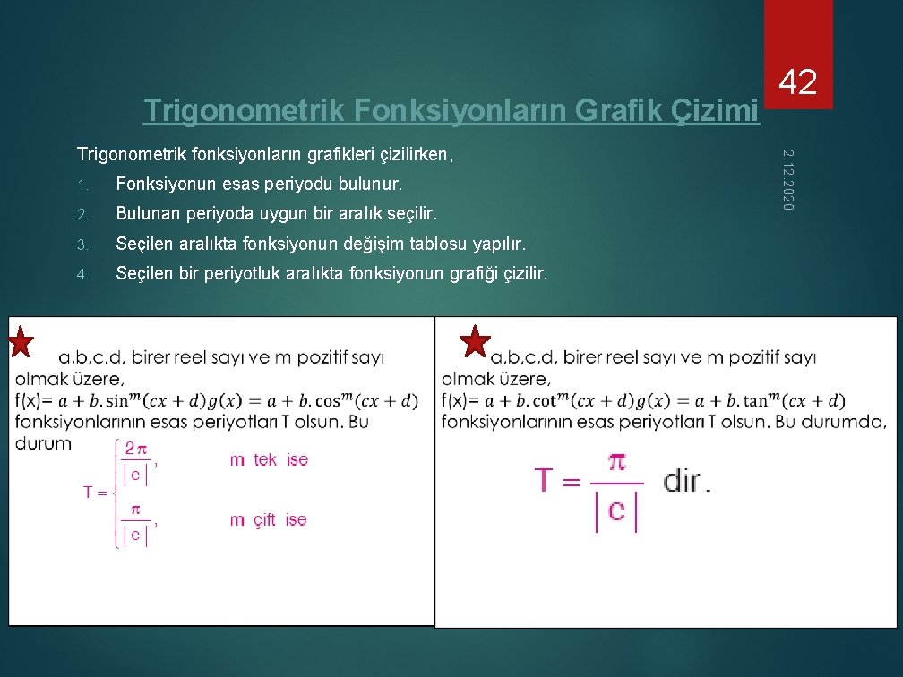 Trigonometrik Fonksiyonların Grafik Çizimi 1. Fonksiyonun esas periyodu bulunur. 2. Bulunan periyoda uygun bir