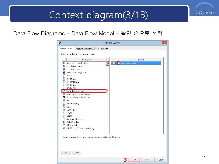 Context diagram(3/13) SQUARE Data Flow Diagrams – Data Flow Model – 확인 순으로 선택