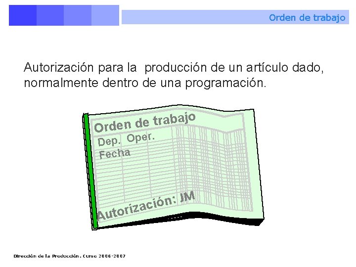 Orden de trabajo Autorización para la producción de un artículo dado, normalmente dentro de
