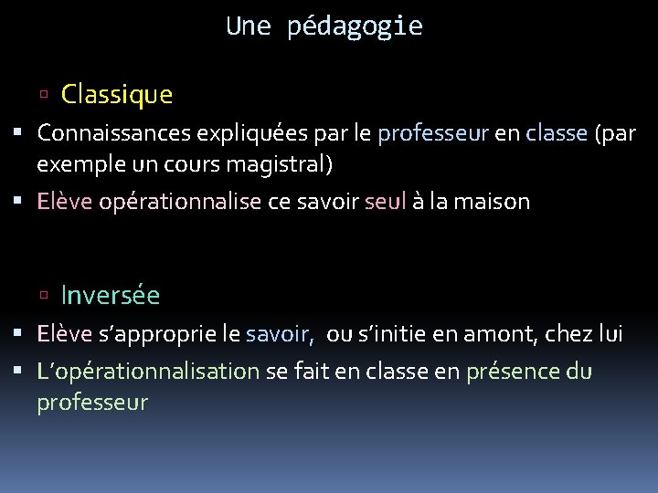Une pédagogie Classique Connaissances expliquées par le professeur en classe (par exemple un cours