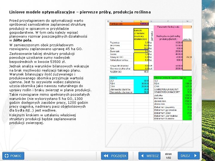 Liniowe modele optymalizacyjne – pierwsze próby, produkcja roślinna Przed przystąpieniem do optymalizacji warto spróbować