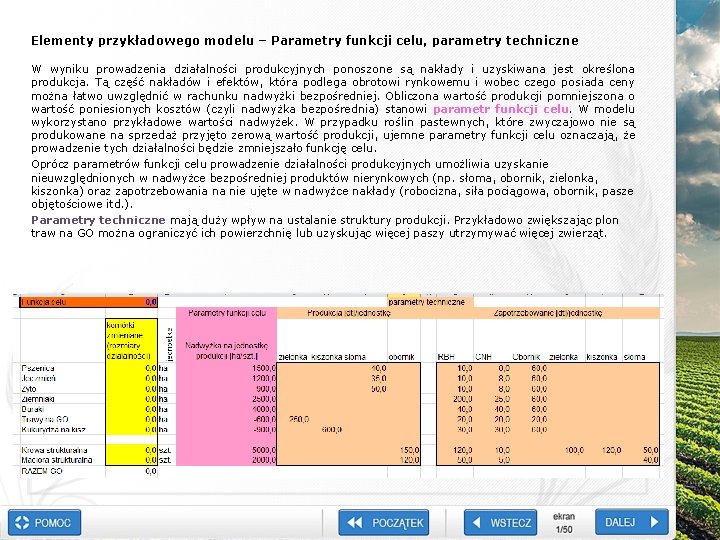 Elementy przykładowego modelu – Parametry funkcji celu, parametry techniczne W wyniku prowadzenia działalności produkcyjnych