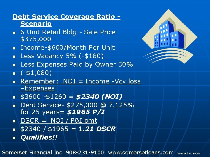 Debt Service Coverage Ratio Scenario n 6 Unit Retail Bldg - Sale Price $375,