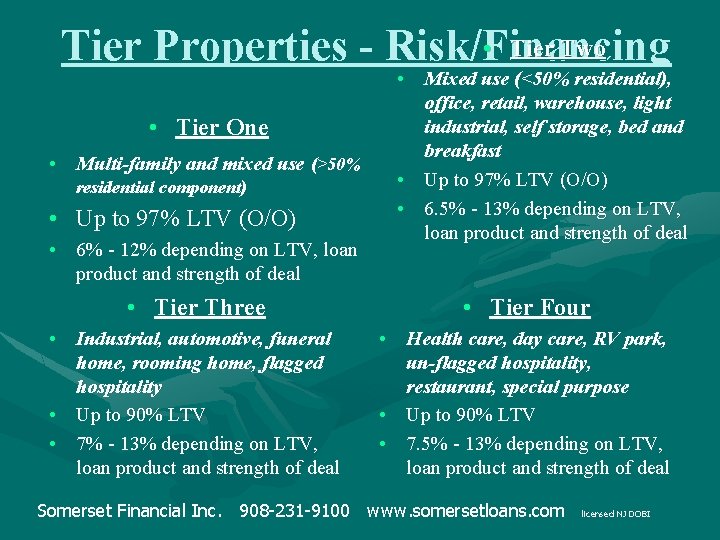  • Tier Two Tier Properties - Risk/Financing • Tier One • Multi-family and