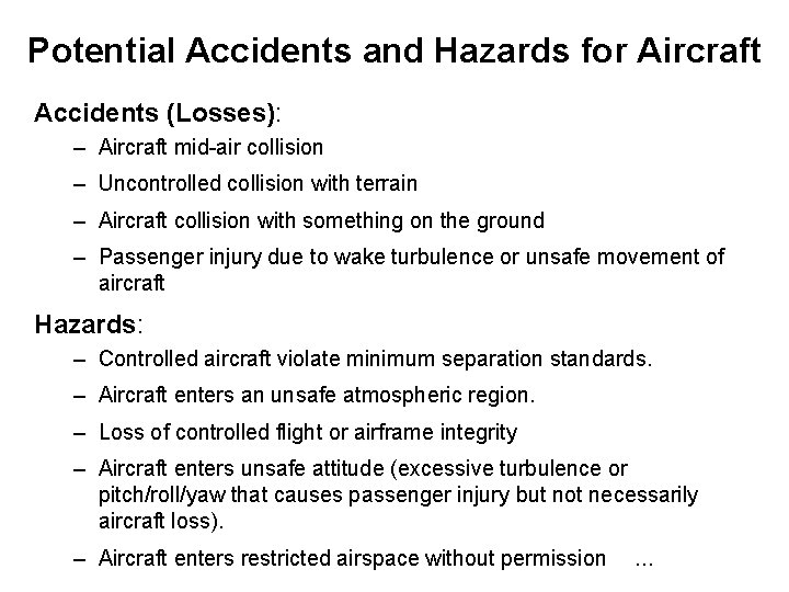 Potential Accidents and Hazards for Aircraft Accidents (Losses): – Aircraft mid-air collision – Uncontrolled