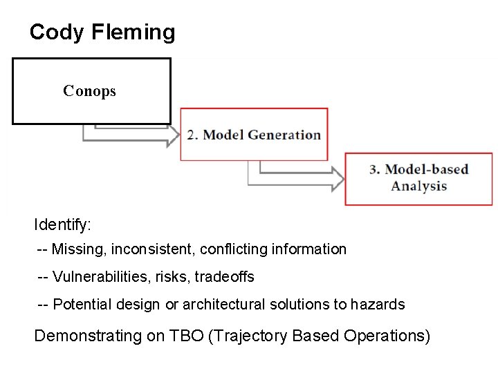 Cody Fleming Conops Identify: -- Missing, inconsistent, conflicting information -- Vulnerabilities, risks, tradeoffs --