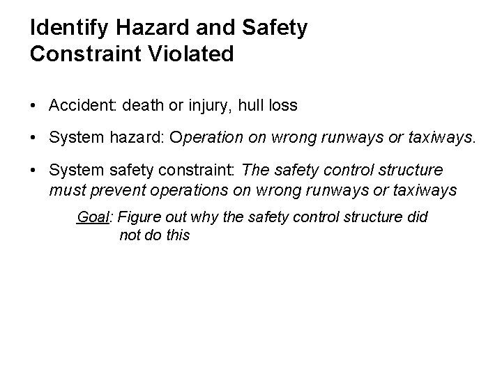 Identify Hazard and Safety Constraint Violated • Accident: death or injury, hull loss •