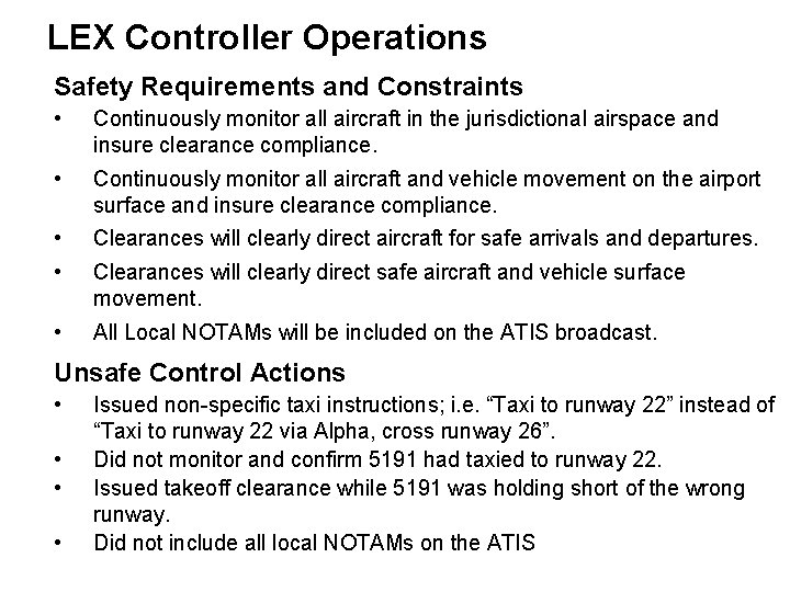 LEX Controller Operations Safety Requirements and Constraints • Continuously monitor all aircraft in the