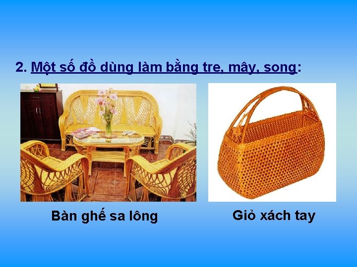2. Một số đồ dùng làm bằng tre, mây, song: Bàn ghế sa lông