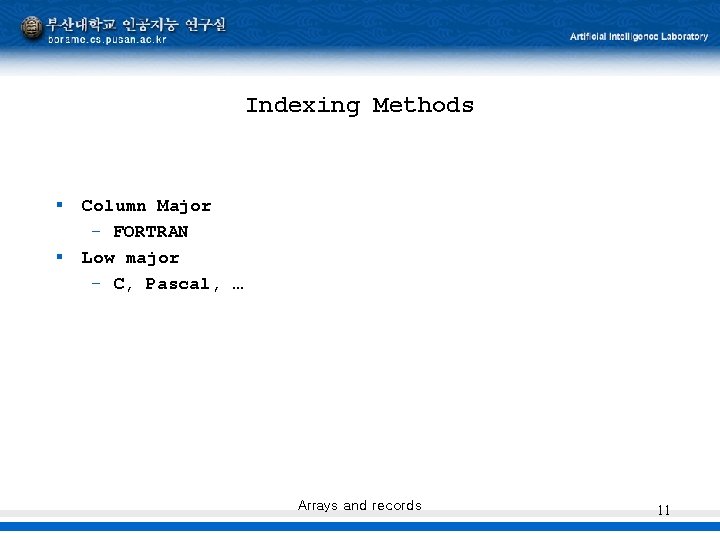 Indexing Methods § § Column Major – FORTRAN Low major – C, Pascal, … Indexing Methods § § Column Major – FORTRAN Low major – C, Pascal, …