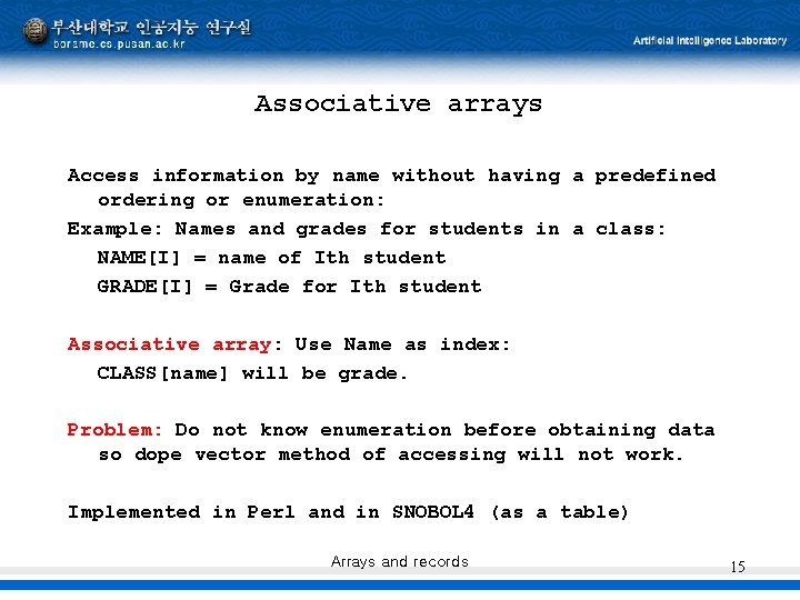 Associative arrays Access information by name without having a predefined ordering or enumeration: Example: Associative arrays Access information by name without having a predefined ordering or enumeration: Example: