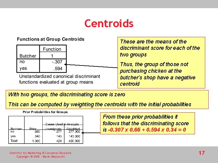 Centroids These are the means of the discriminant score for each of the two Centroids These are the means of the discriminant score for each of the two