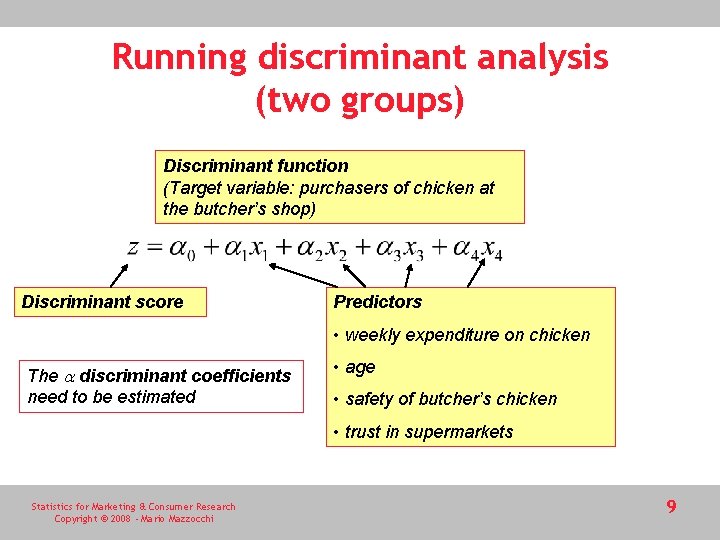 Running discriminant analysis (two groups) Discriminant function (Target variable: purchasers of chicken at the Running discriminant analysis (two groups) Discriminant function (Target variable: purchasers of chicken at the