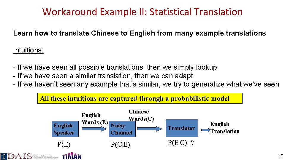 Workaround Example II: Statistical Translation Learn how to translate Chinese to English from many