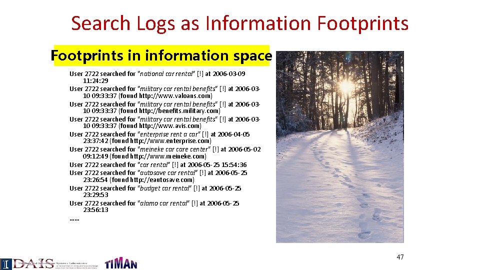 Search Logs as Information Footprints in information space User 2722 searched for "national car