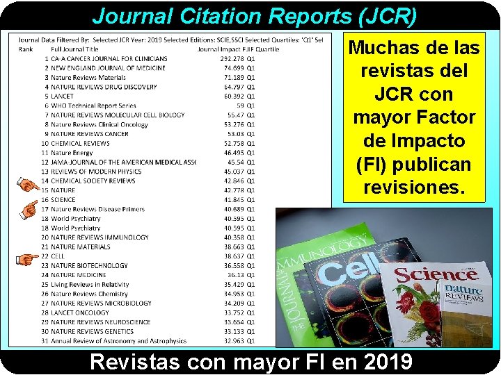 Journal Citation Reports (JCR) Muchas de las revistas del JCR con mayor Factor de