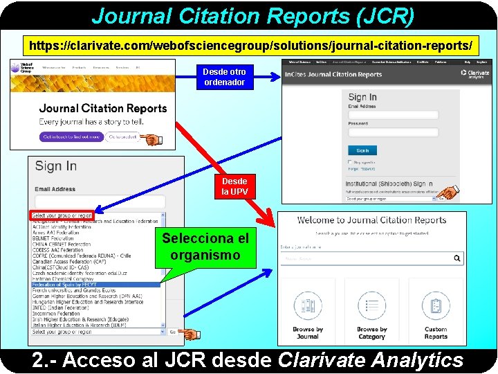 Journal Citation Reports (JCR) https: //clarivate. com/webofsciencegroup/solutions/journal-citation-reports/ Desde otro ordenador Desde la UPV Selecciona