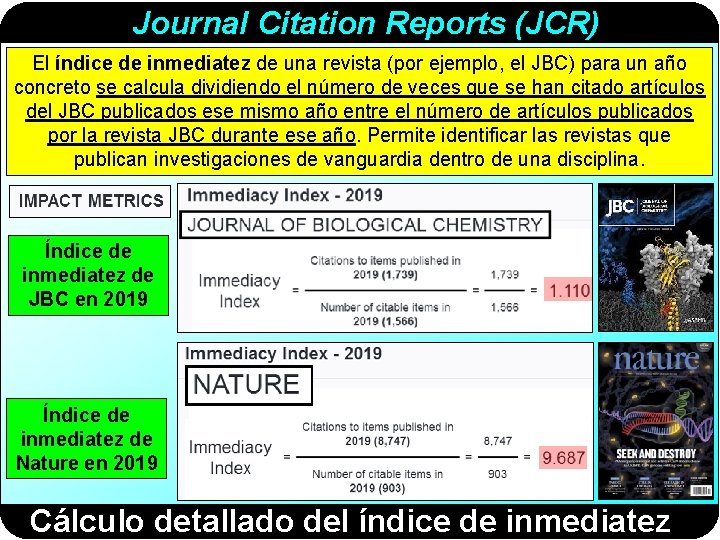 Journal Citation Reports (JCR) El índice de inmediatez de una revista (por ejemplo, el