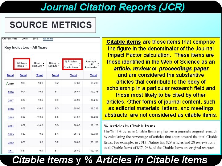 Journal Citation Reports (JCR) Citable items are those items that comprise the figure in