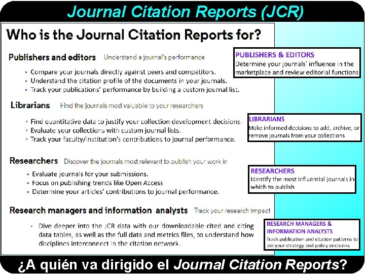 Journal Citation Reports (JCR) ¿A quién va dirigido el Journal Citation Reports? 
