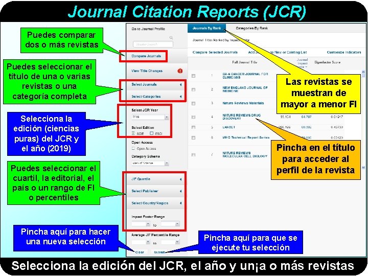 Journal Citation Reports (JCR) Puedes comparar dos o más revistas Puedes seleccionar el título