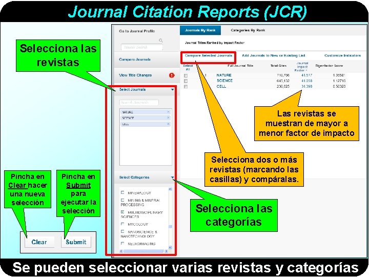 Journal Citation Reports (JCR) Selecciona las revistas Las revistas se muestran de mayor a