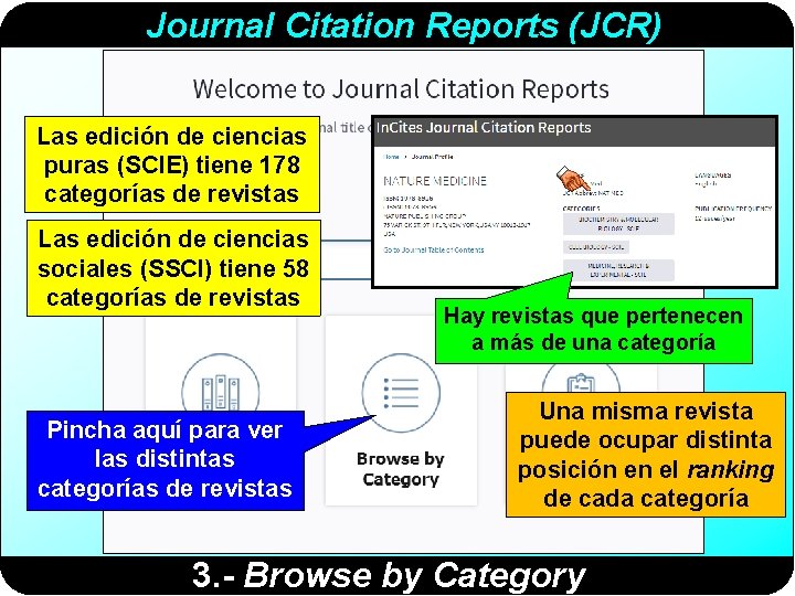 Journal Citation Reports (JCR) Las edición de ciencias puras (SCIE) tiene 178 categorías de