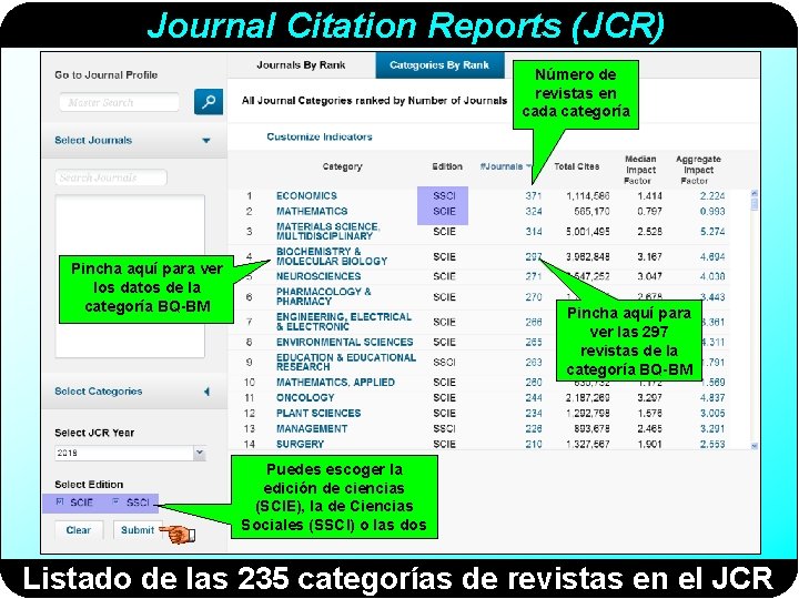 Journal Citation Reports (JCR) Número de revistas en cada categoría Pincha aquí para ver