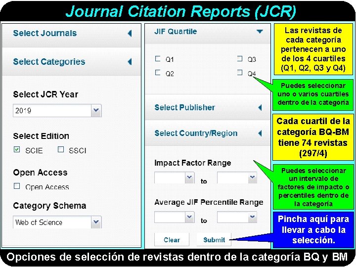 Journal Citation Reports (JCR) Las revistas de cada categoría pertenecen a uno de los