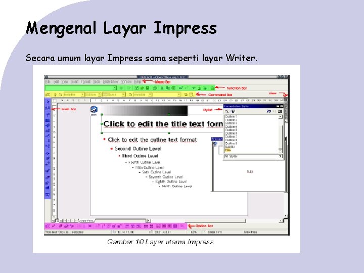 Mengenal Layar Impress Secara umum layar Impress sama seperti layar Writer. 