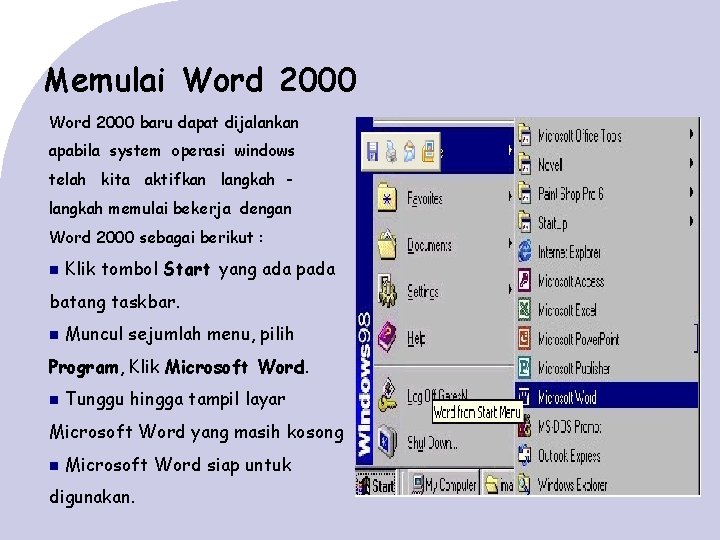 Memulai Word 2000 baru dapat dijalankan apabila system operasi windows telah kita aktifkan langkah