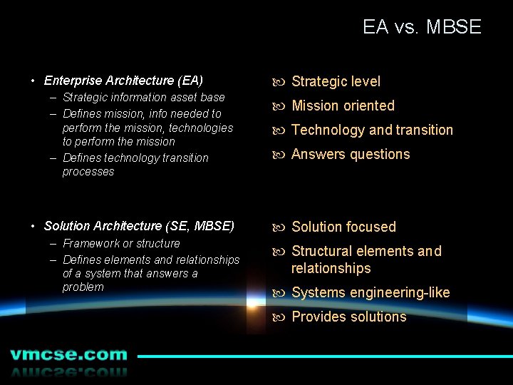 EA vs. MBSE • Enterprise Architecture (EA) – Strategic information asset base – Defines