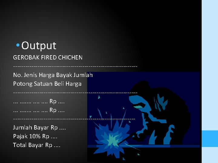  • Output GEROBAK FIRED CHICHEN ------------------------------No. Jenis Harga Bayak Jumlah Potong Satuan Beli