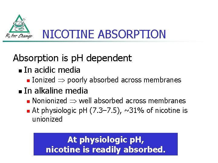 NICOTINE ABSORPTION Absorption is p. H dependent n In acidic media n n Ionized