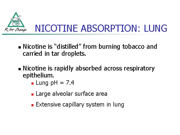 NICOTINE ABSORPTION: LUNG n n Nicotine is “distilled” from burning tobacco and carried in