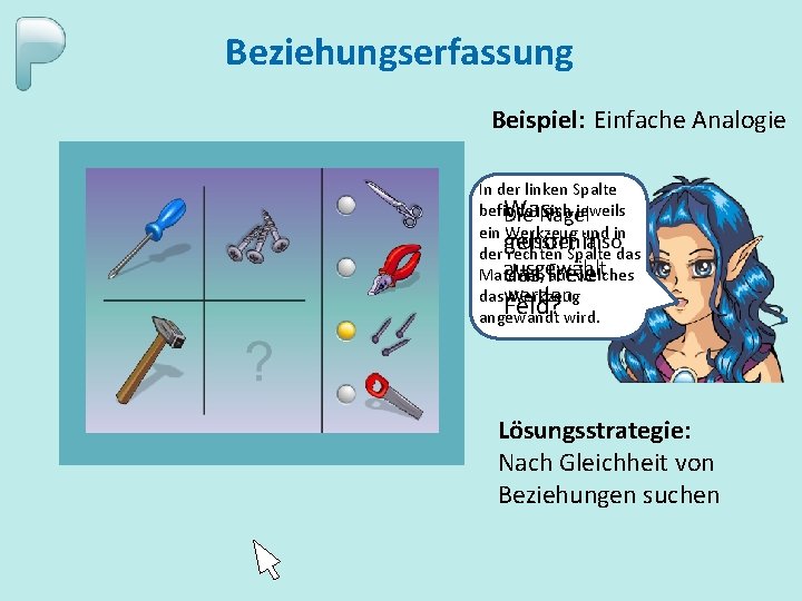 Beziehungserfassung Beispiel: Einfache Analogie In der linken Spalte befindet sich jeweils Was Die Nägel