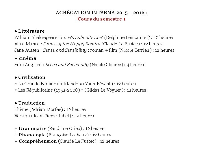 AGRÉGATION INTERNE 2015 – 2016 : Cours du semestre 1 ● Littérature William Shakespeare