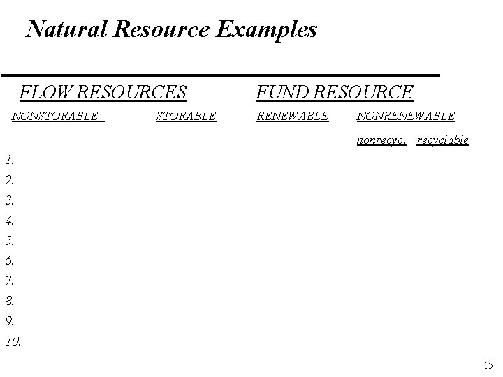 Natural Resource Examples FLOW RESOURCES NONSTORABLE FUND RESOURCE RENEWABLE NONRENEWABLE nonrecyclable 1. 2. 3. Natural Resource Examples FLOW RESOURCES NONSTORABLE FUND RESOURCE RENEWABLE NONRENEWABLE nonrecyclable 1. 2. 3.